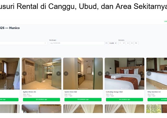 Halaman listing rental Bali Hunico yang menampilkan vila dan apartemen terverifikasi